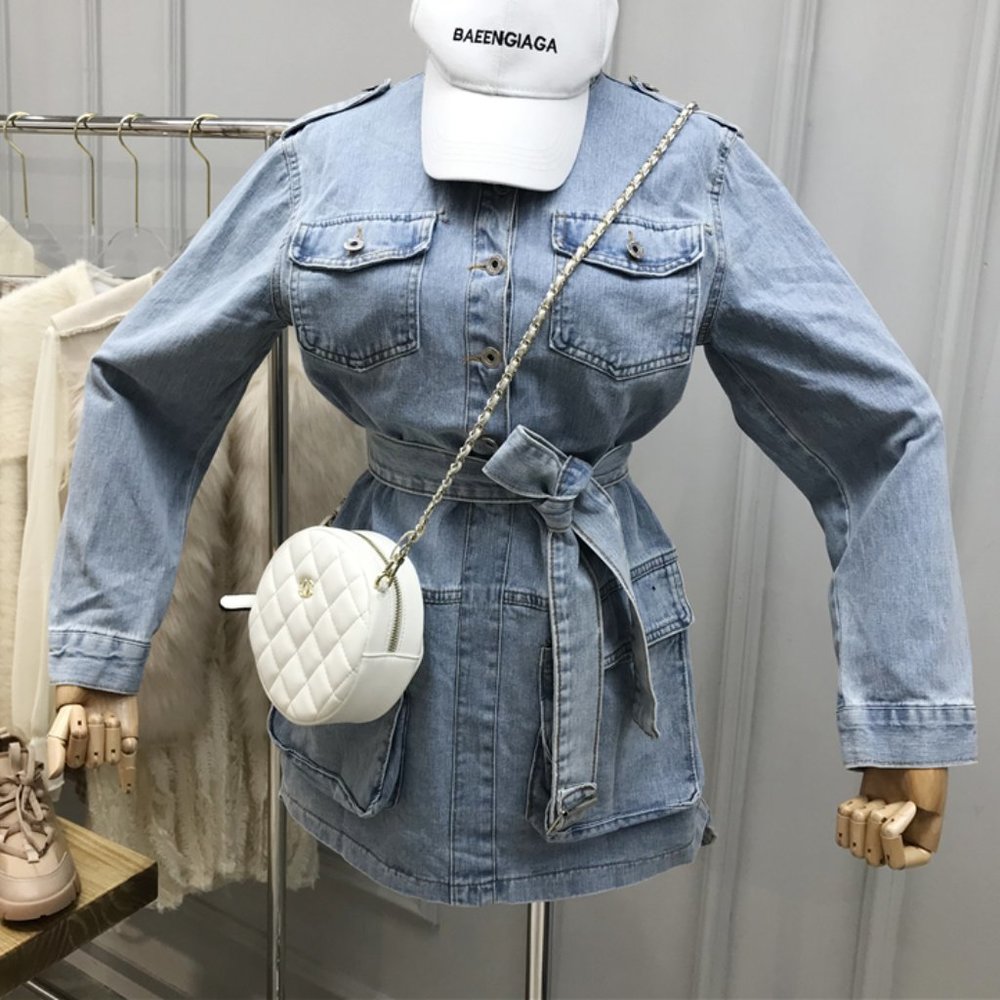 Light Denim Belted Dress with Pockets